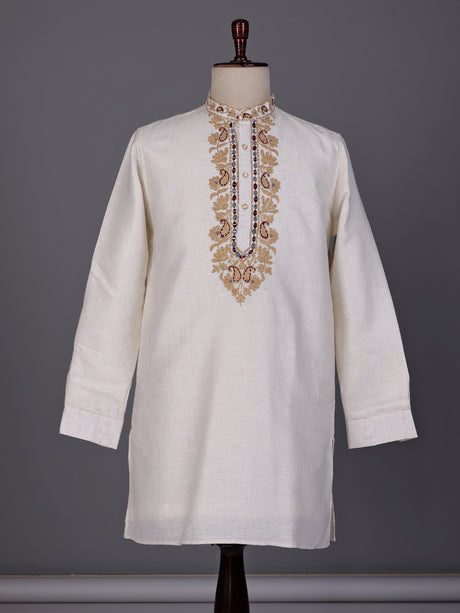 Off white thread and aabla cotton linen kurta for mens