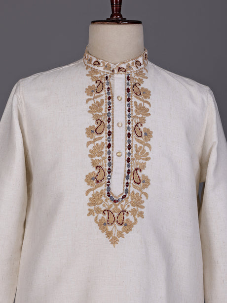 Off white thread and aabla cotton linen kurta for mens