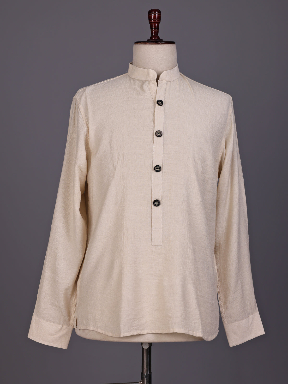 Beige solid textured shirt style cotton blend kurta for mens