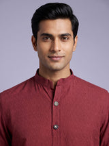 Maroon solid textured shirt style cotton blend kurta for mens
