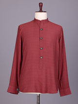 Maroon solid textured shirt style cotton blend kurta for mens