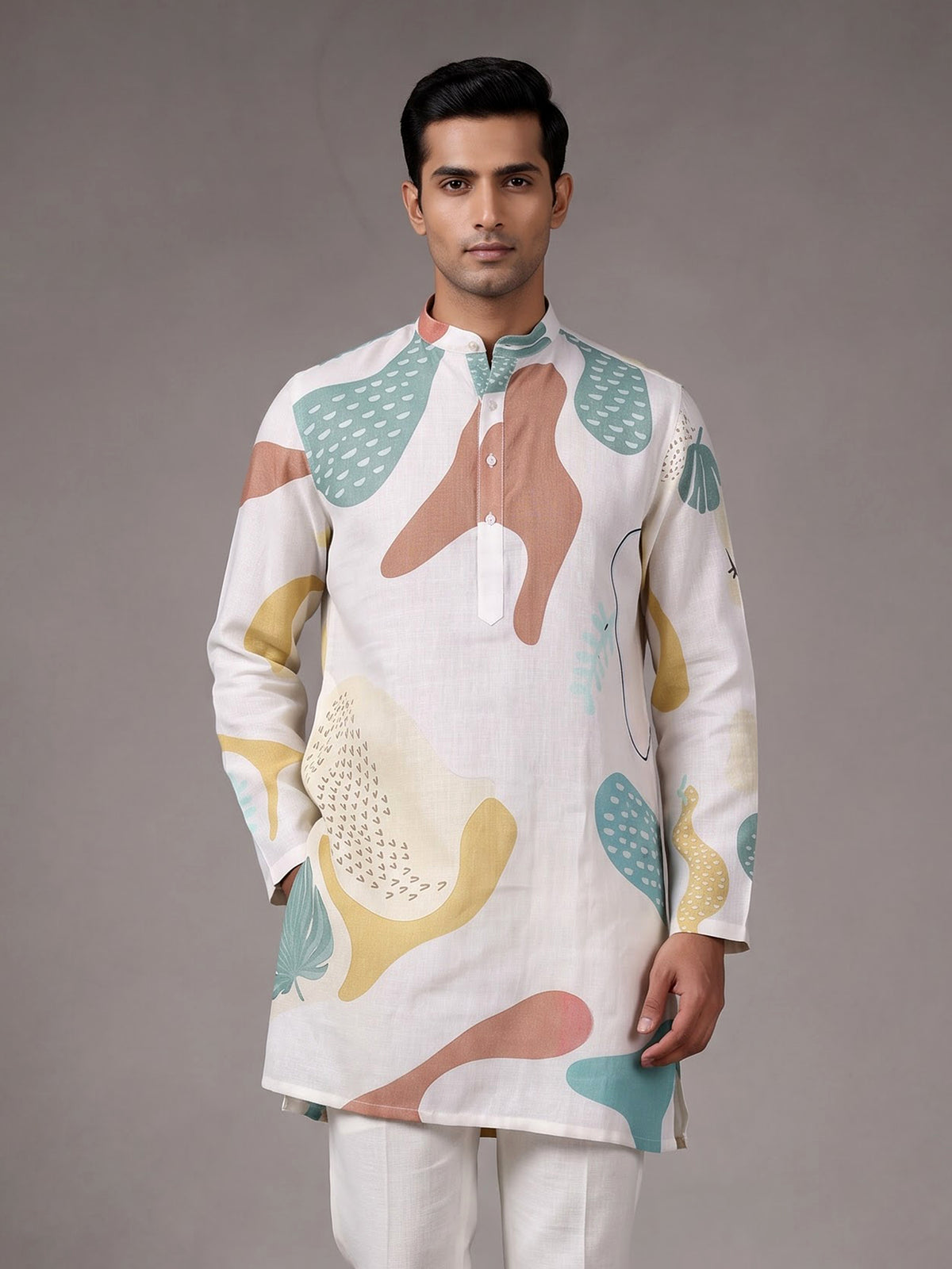 White printed cotton linen kurta with Chinese collar for mens