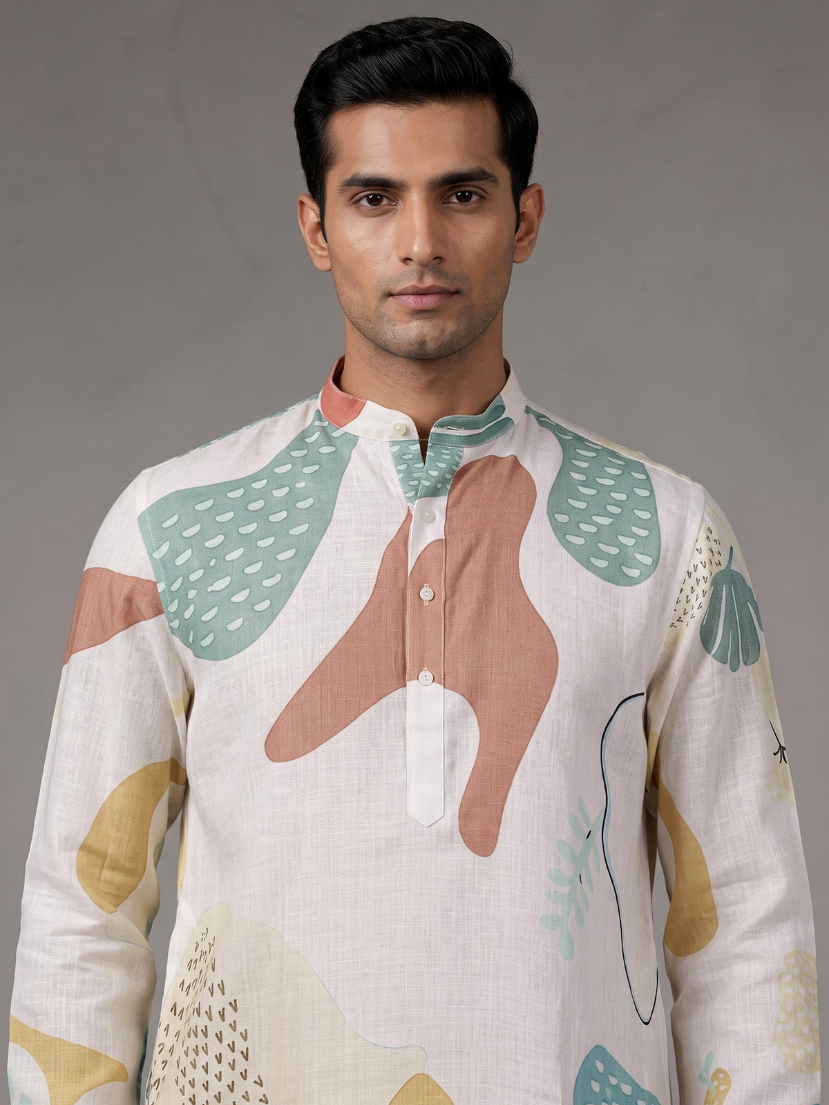 White printed cotton linen kurta with Chinese collar for mens