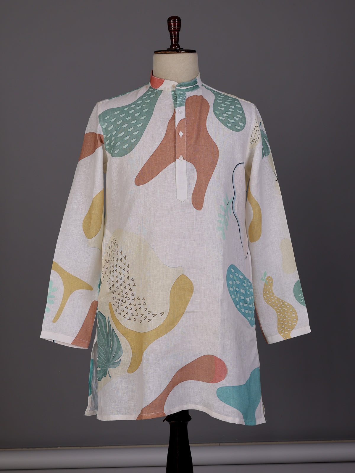 White printed cotton linen kurta with Chinese collar for mens