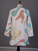 White printed cotton linen kurta with Chinese collar for mens