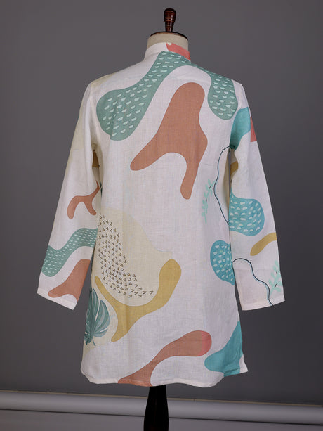 White printed cotton linen kurta with Chinese collar for mens