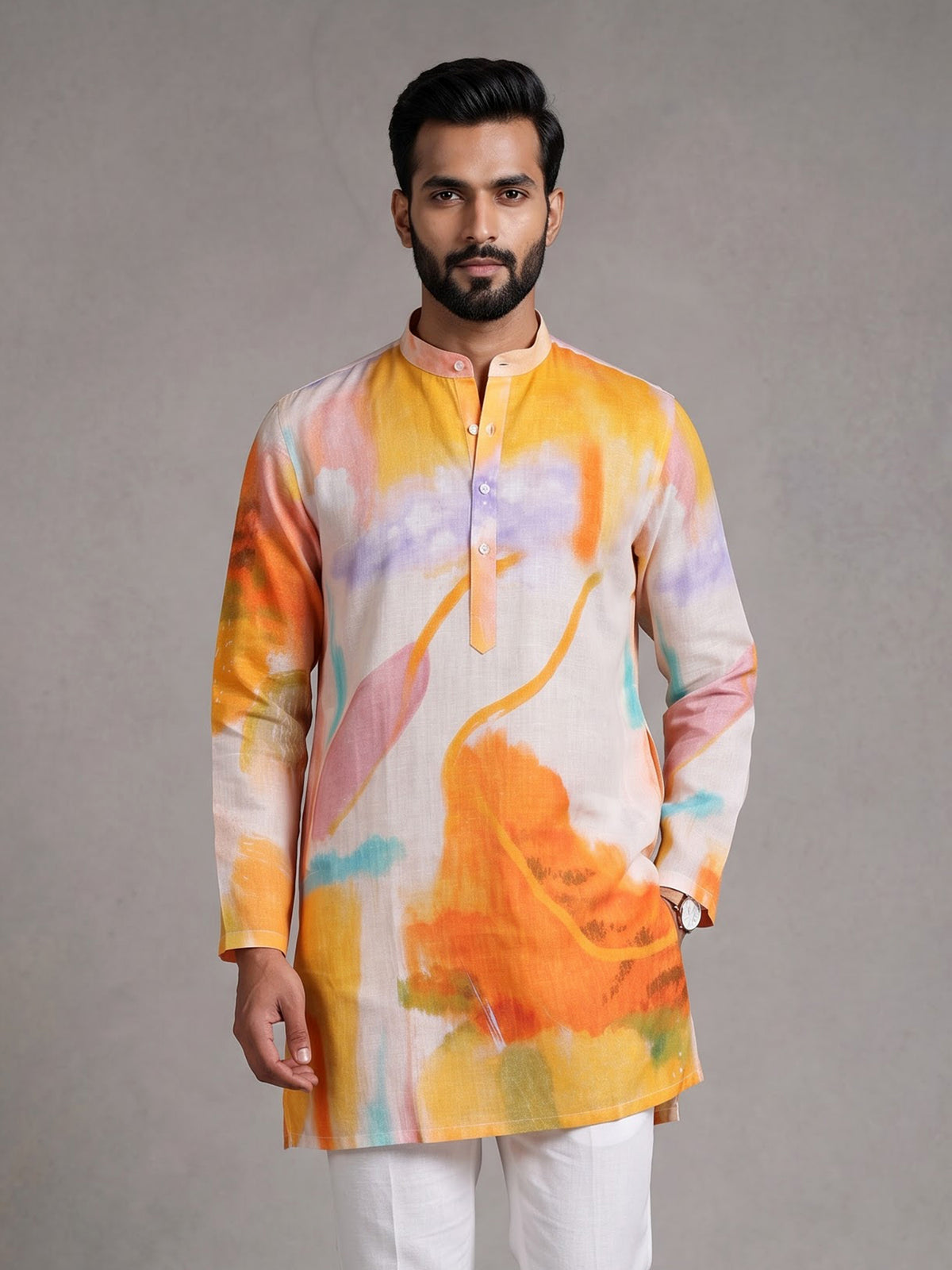Orange abstract watercolor printed cotton linen kurta for mens