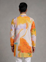 Orange abstract watercolor printed cotton linen kurta for mens