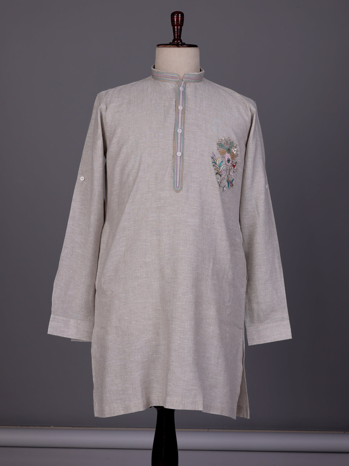 Grey thread sequins zardosi cotton linen kurta for mens
