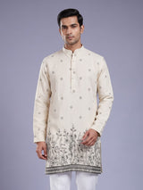 Cream black embroidered sequined cotton linen kurta for mens
