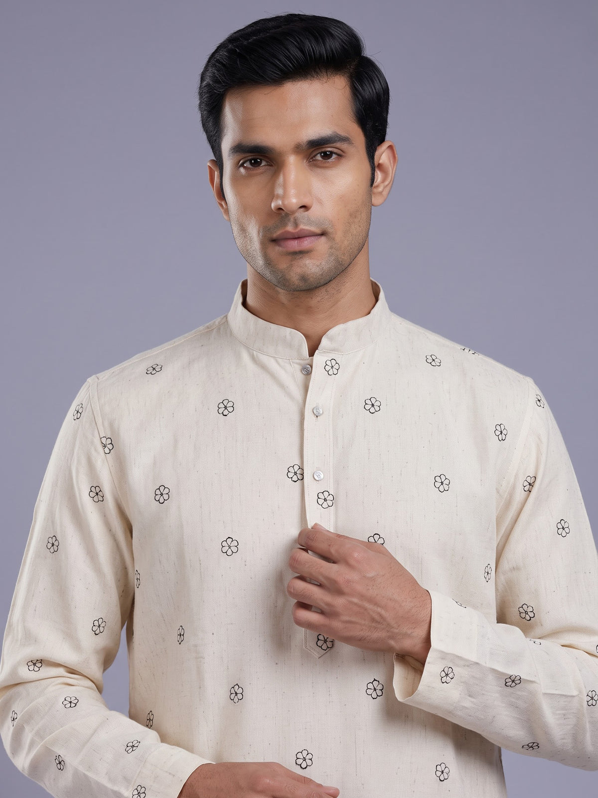 Cream black embroidered sequined cotton linen kurta for mens
