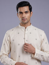 Cream black embroidered sequined cotton linen kurta for mens