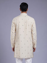 Cream black embroidered sequined cotton linen kurta for mens
