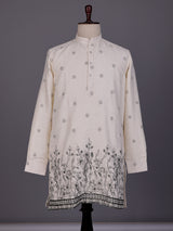 Cream black embroidered sequined cotton linen kurta for mens