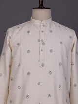 Cream black embroidered sequined cotton linen kurta for mens