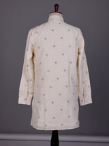 Cream black embroidered sequined cotton linen kurta for mens