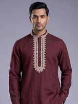 Maroon ivory thread embroidered cotton silk kurta for mens