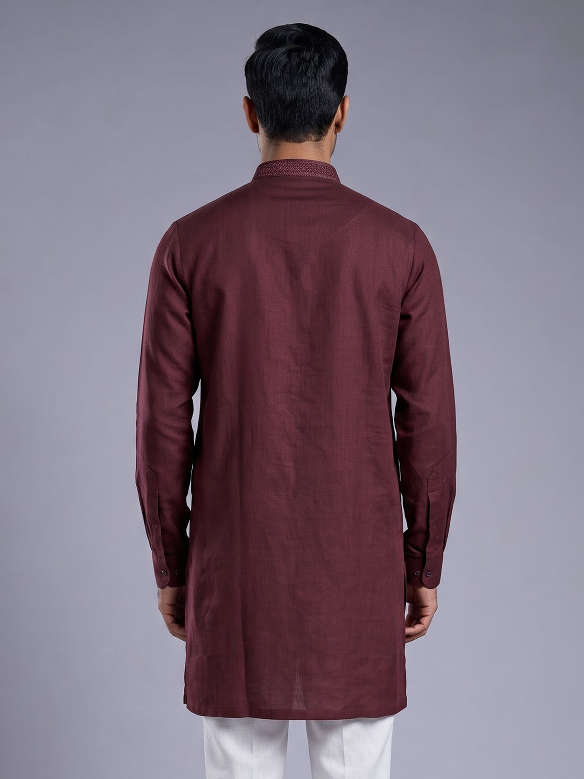Maroon ivory thread embroidered cotton silk kurta for mens