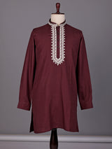 Maroon ivory thread embroidered cotton silk kurta for mens
