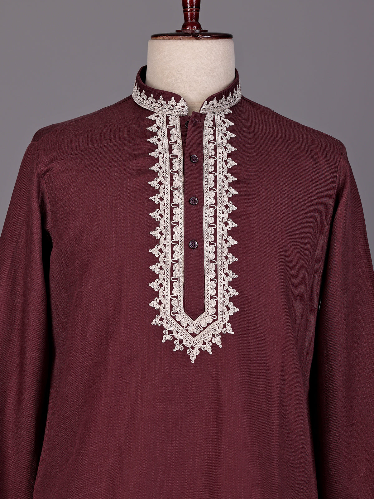 Maroon ivory thread embroidered cotton silk kurta for mens