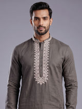 Grey ivory thread embroidered cotton silk kurta for mens