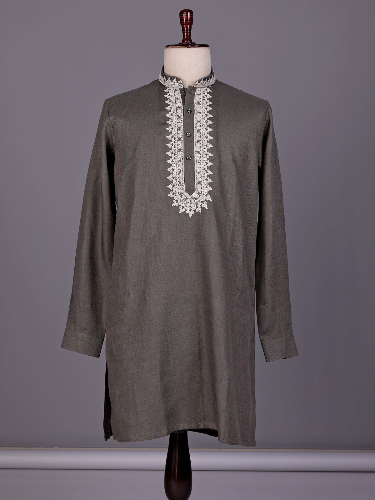 Grey ivory thread embroidered cotton silk kurta for mens