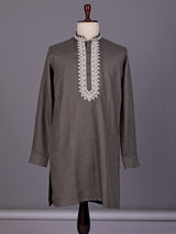 Grey ivory thread embroidered cotton silk kurta for mens