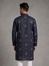 Navy floral embroidered cotton linen kurta with Chinese collar for mens