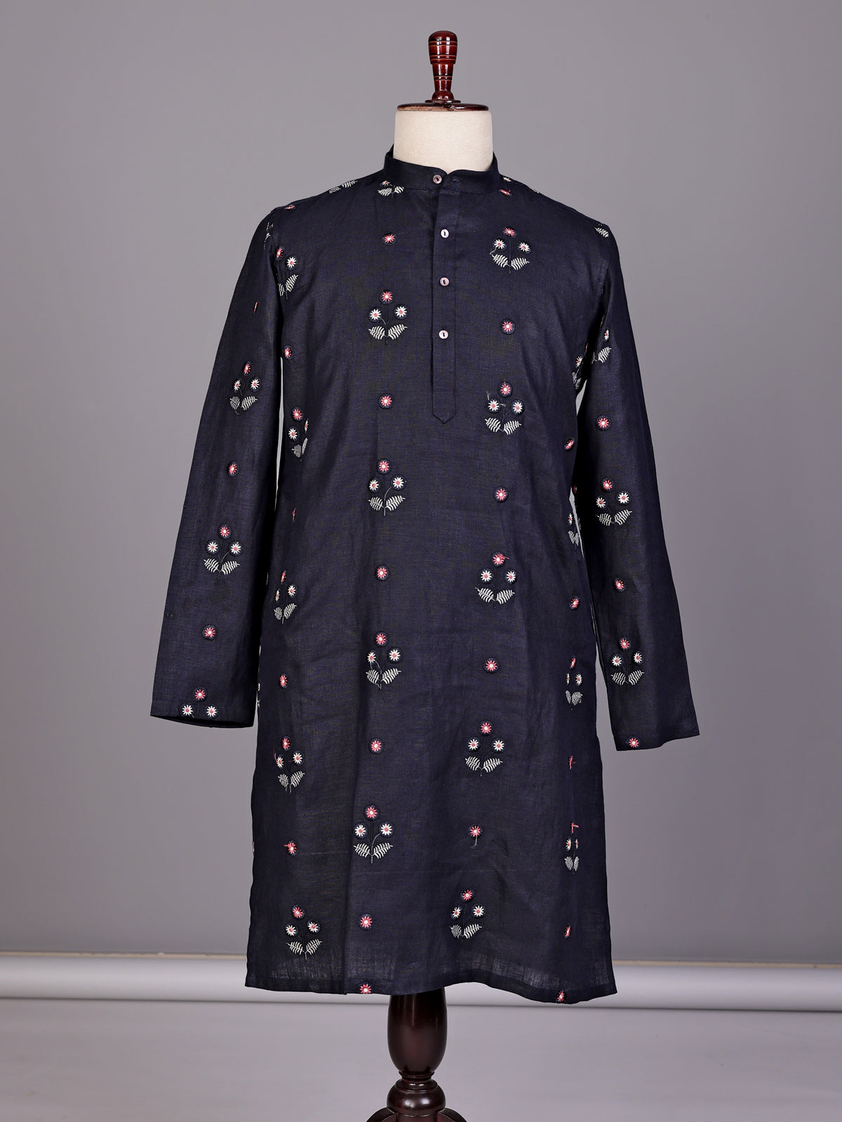 Navy floral embroidered cotton linen kurta with Chinese collar for mens