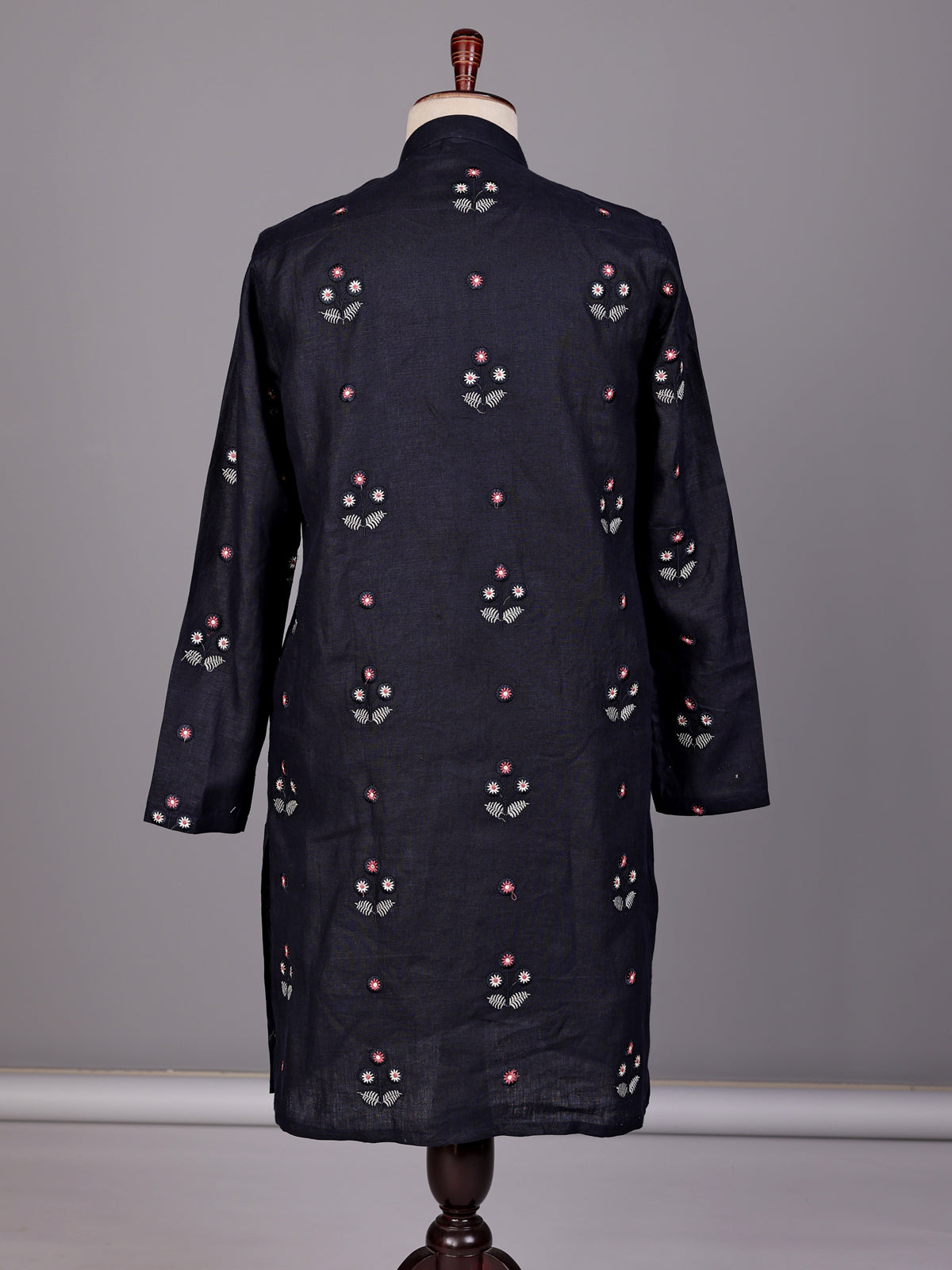 Navy floral embroidered cotton linen kurta with Chinese collar for mens