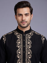 Black Kashmiri thread aabla embroidered cotton blend kurta for mens