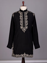 Black Kashmiri thread aabla embroidered cotton blend kurta for mens