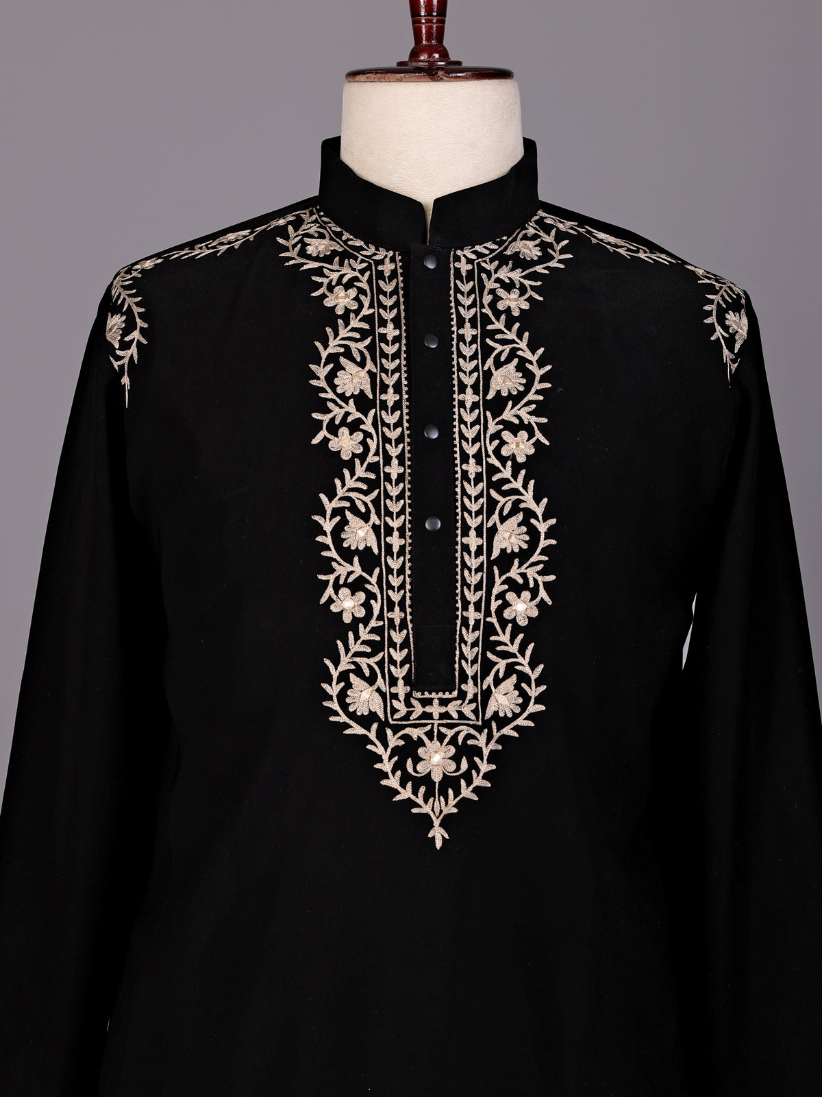 Black Kashmiri thread aabla embroidered cotton blend kurta for mens