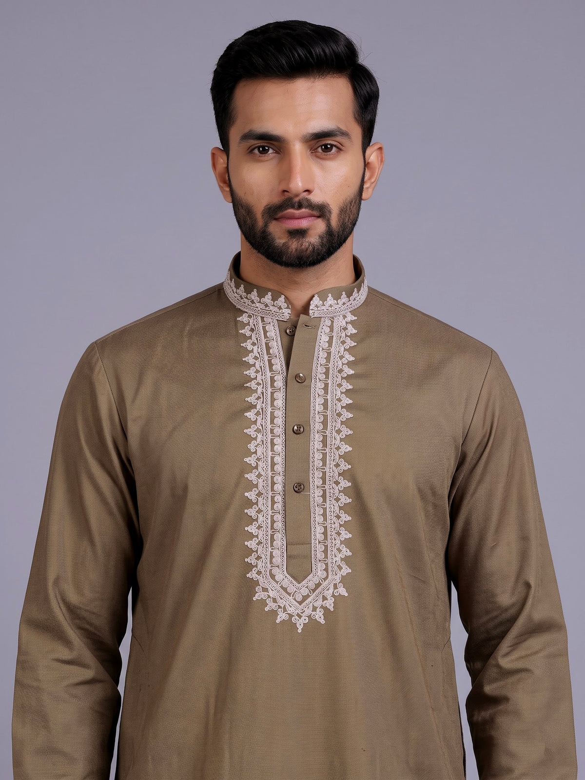 Dark khaki ivory thread embroidered cotton silk kurta for mens