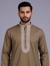 Dark khaki ivory thread embroidered cotton silk kurta for mens