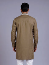Dark khaki ivory thread embroidered cotton silk kurta for mens