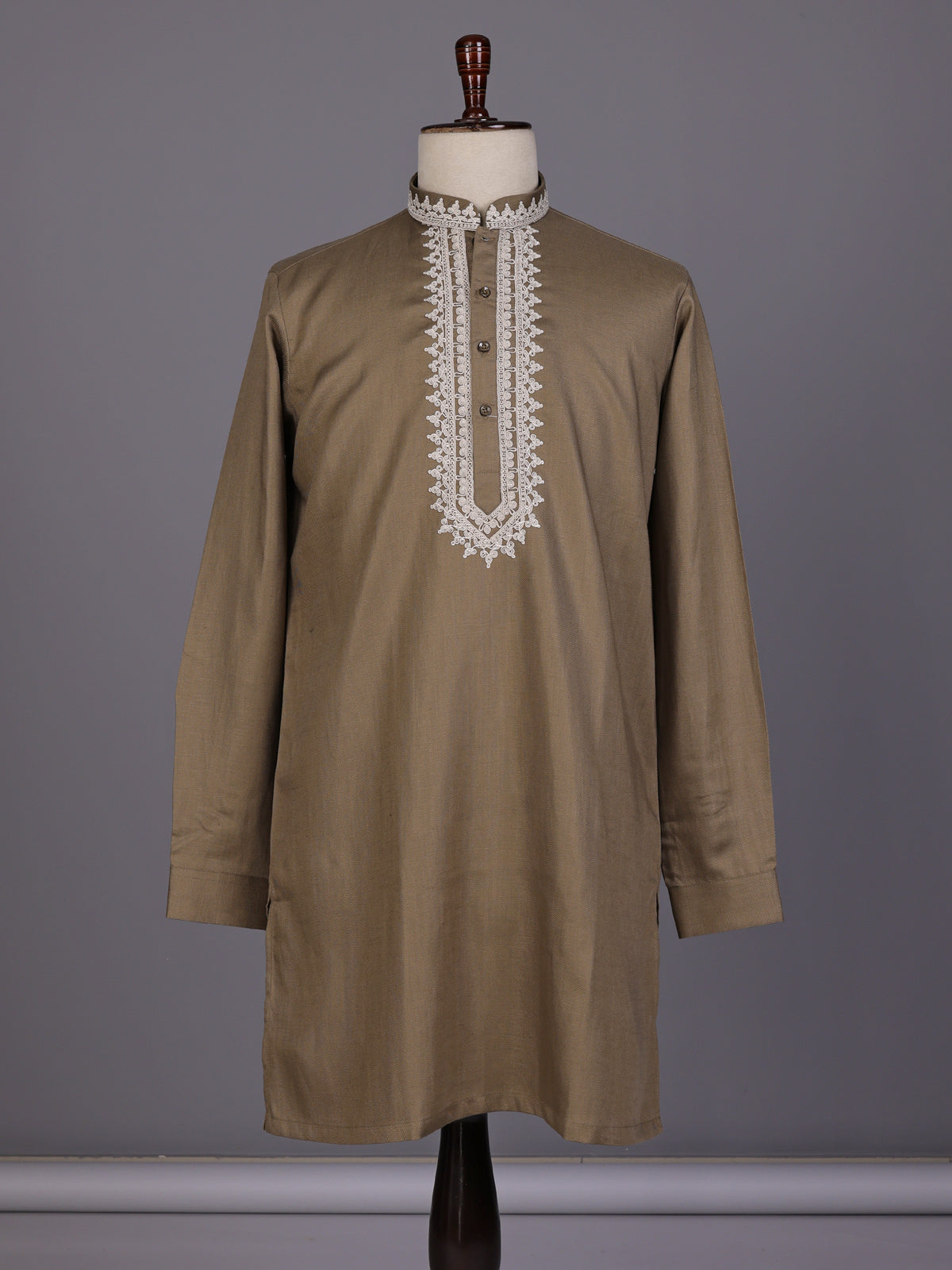 Dark khaki ivory thread embroidered cotton silk kurta for mens