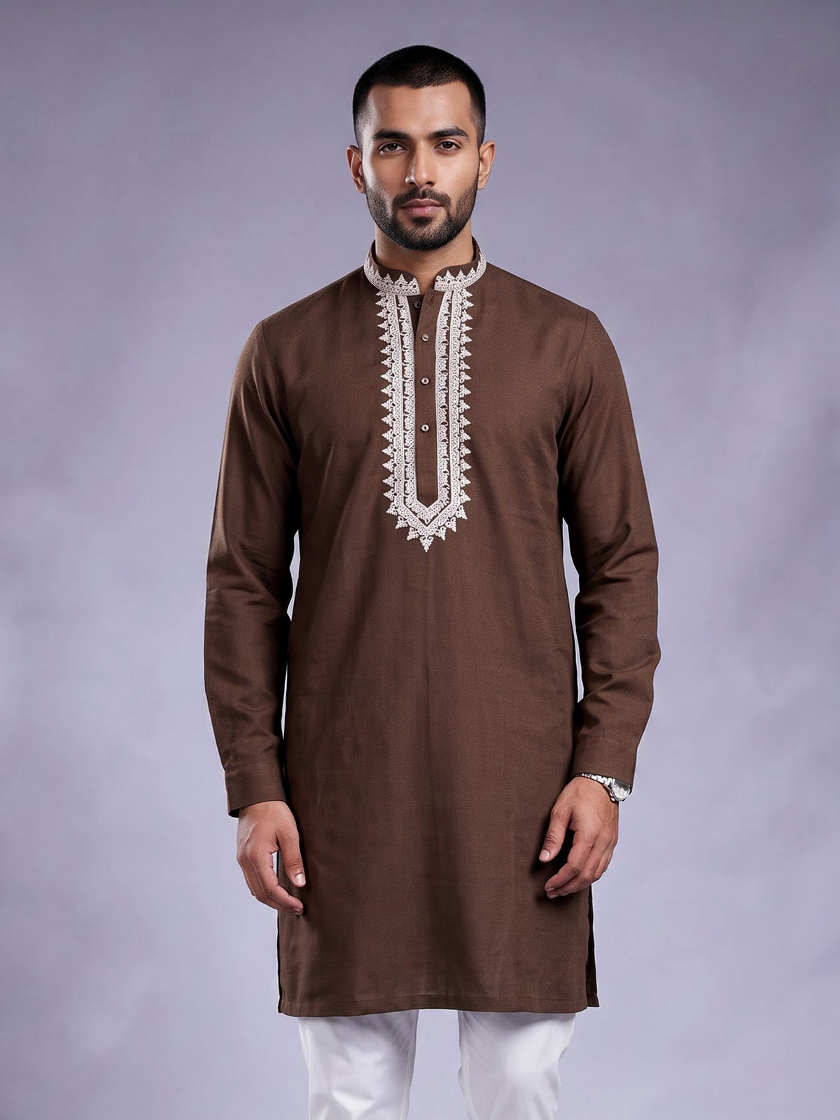 Brown ivory thread embroidered cotton silk kurta for mens