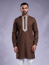 Brown ivory thread embroidered cotton silk kurta for mens