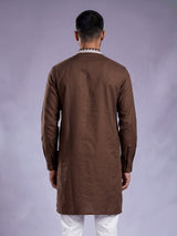 Brown ivory thread embroidered cotton silk kurta for mens