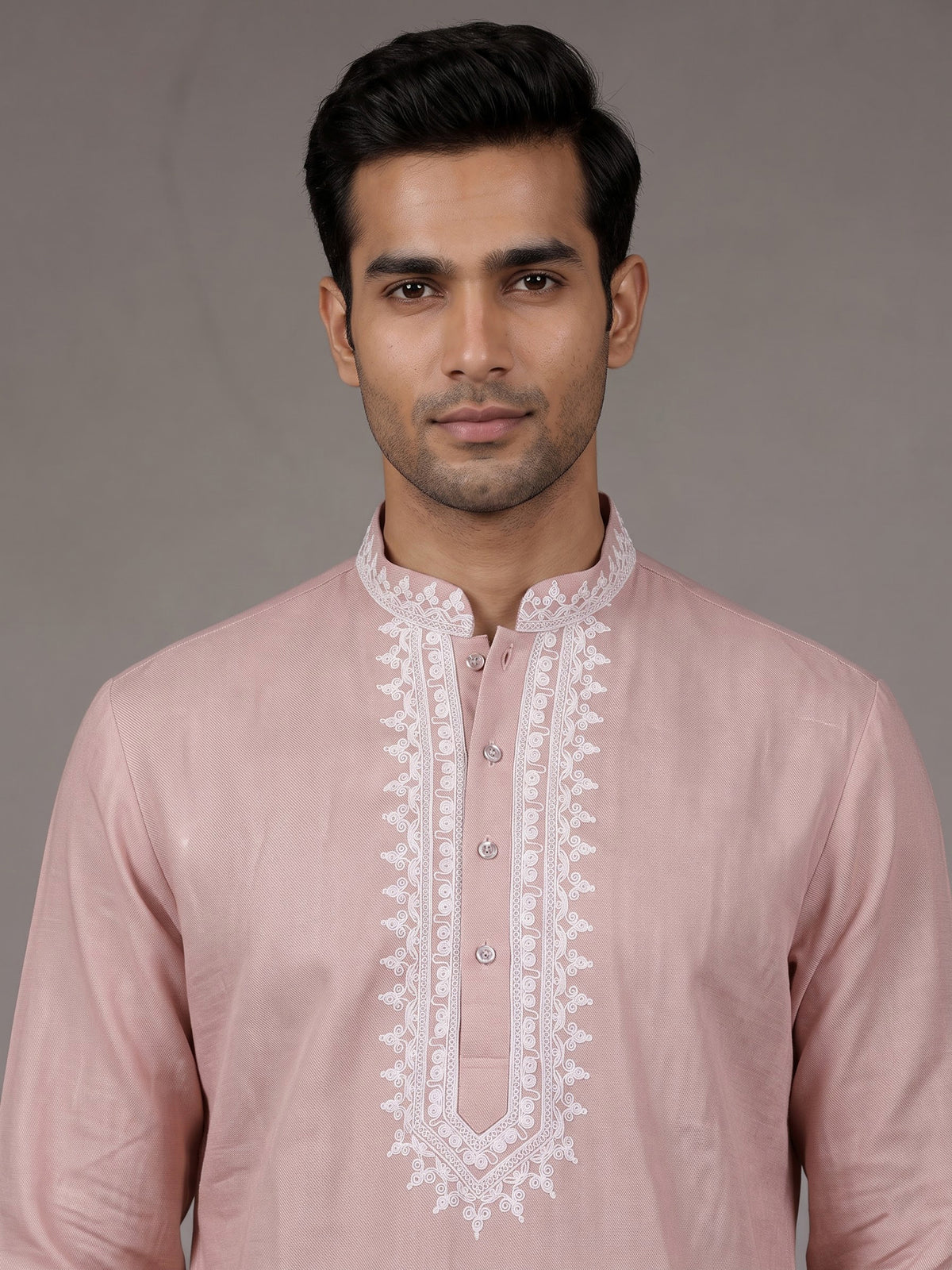 Pink ivory thread embroidered cotton silk kurta for mens