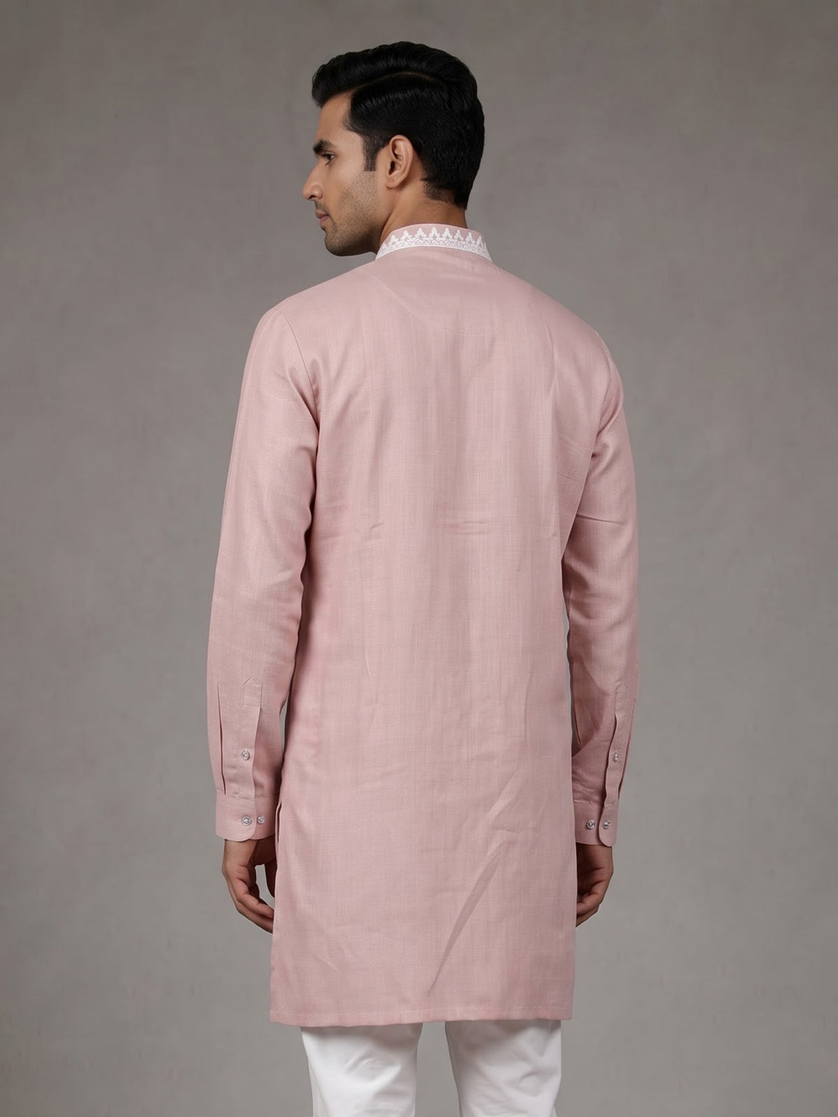 Pink ivory thread embroidered cotton silk kurta for mens
