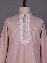 Pink ivory thread embroidered cotton silk kurta for mens