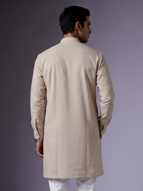 Off white embroidered cotton linen Chinese collar kurta for mens