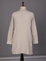Off white embroidered cotton linen Chinese collar kurta for mens