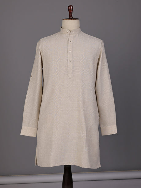 Off white embroidered cotton linen Chinese collar kurta for mens