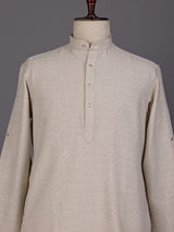 Off white embroidered cotton linen Chinese collar kurta for mens