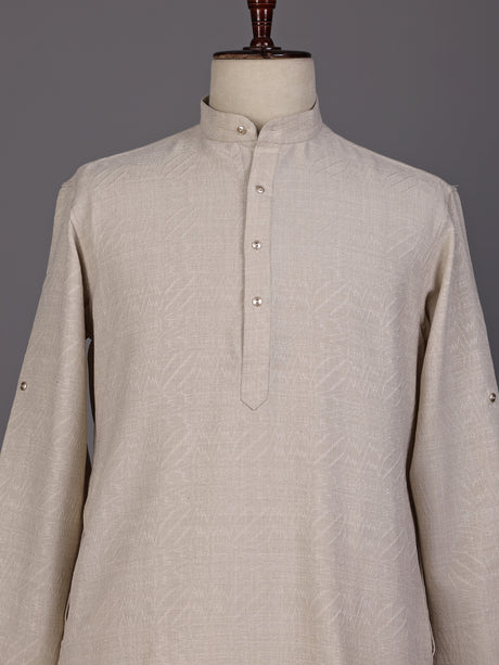 Off white embroidered cotton linen Chinese collar kurta for mens