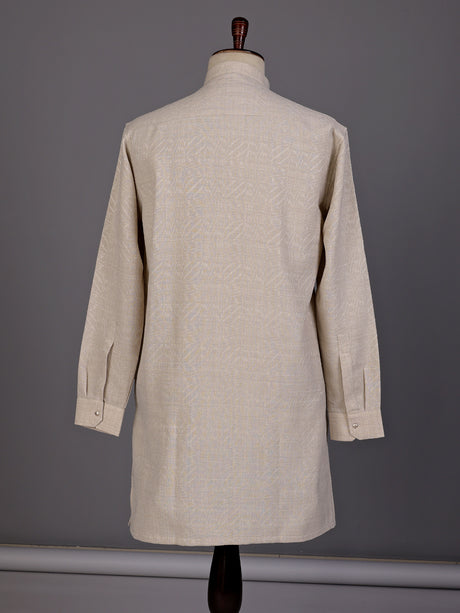 Off white embroidered cotton linen Chinese collar kurta for mens