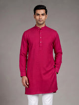Rani pink embroidered cotton linen Chinese collar kurta for mens